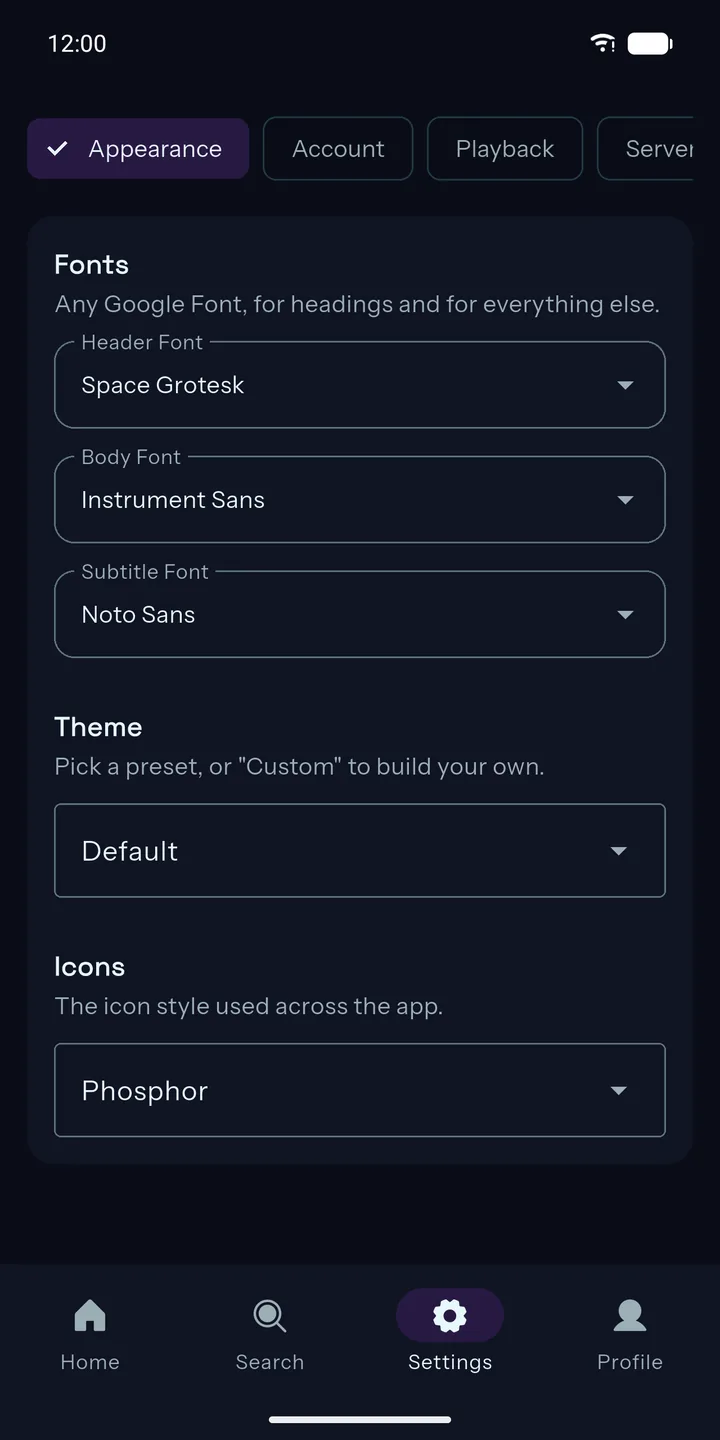 Font settings, with a different Google Font for headings, text and subtitles