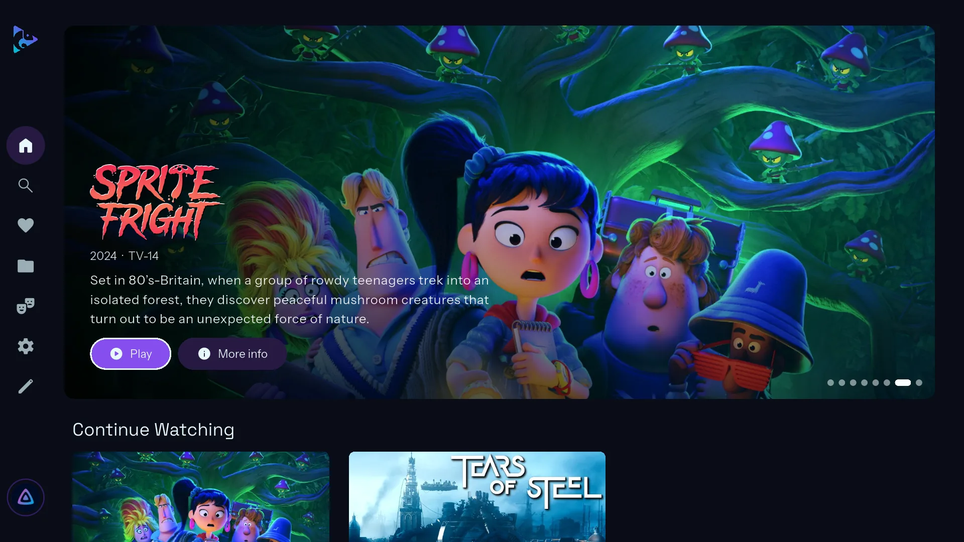 Chameleon's home screen on a TV, with a featured banner for Sprite Fright and a Continue Watching row