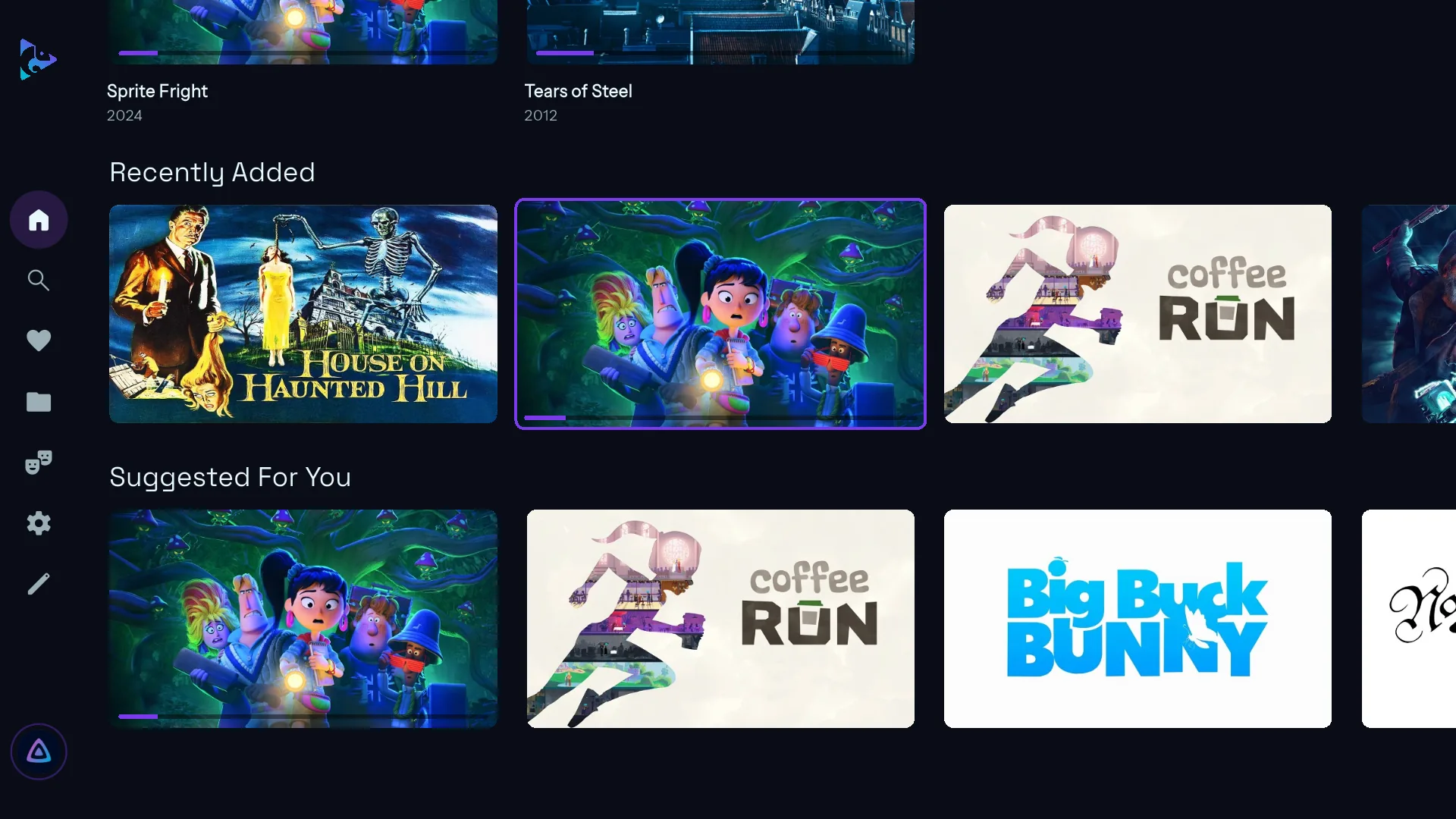 Rows of movies on the TV home screen: Recently Added and Suggested For You